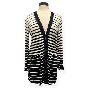 Dotti Oversized Pocketed Striped White Navy Cardigan Size XS Preppy Nautical NWT